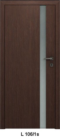 Fornirowane skrzydło bezprzylgowe z pionowym pasem matowego szkła, widoczna klamka i zamek, model L 106/1s.